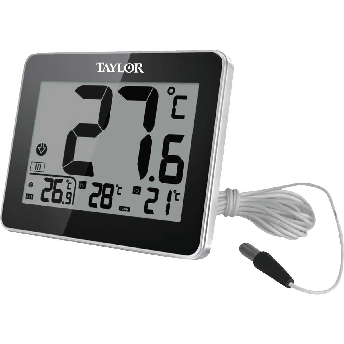 Black rectangular digital thermometer with wired probe and LCD display