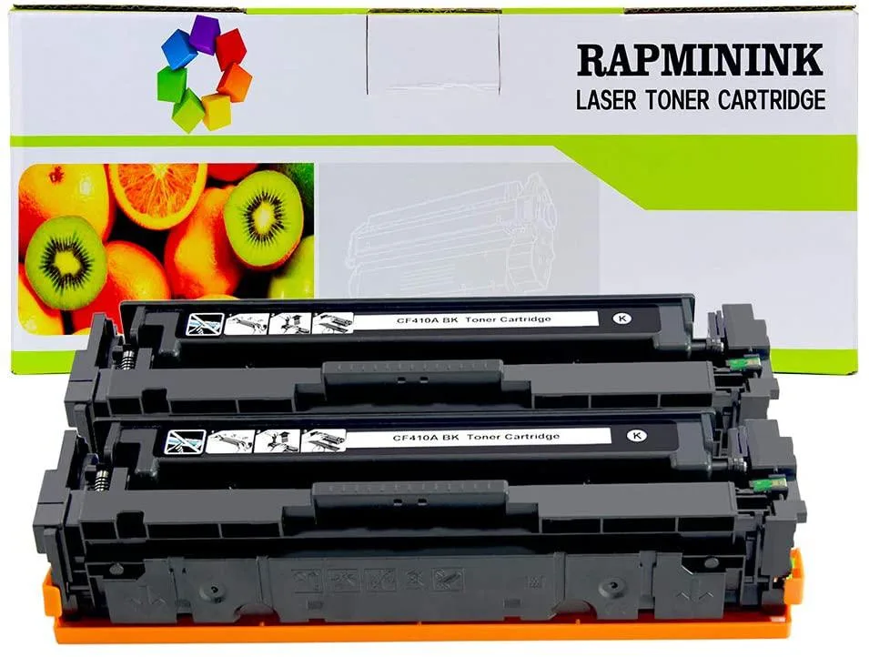 Two black rectangular toner cartridges in sealed packaging