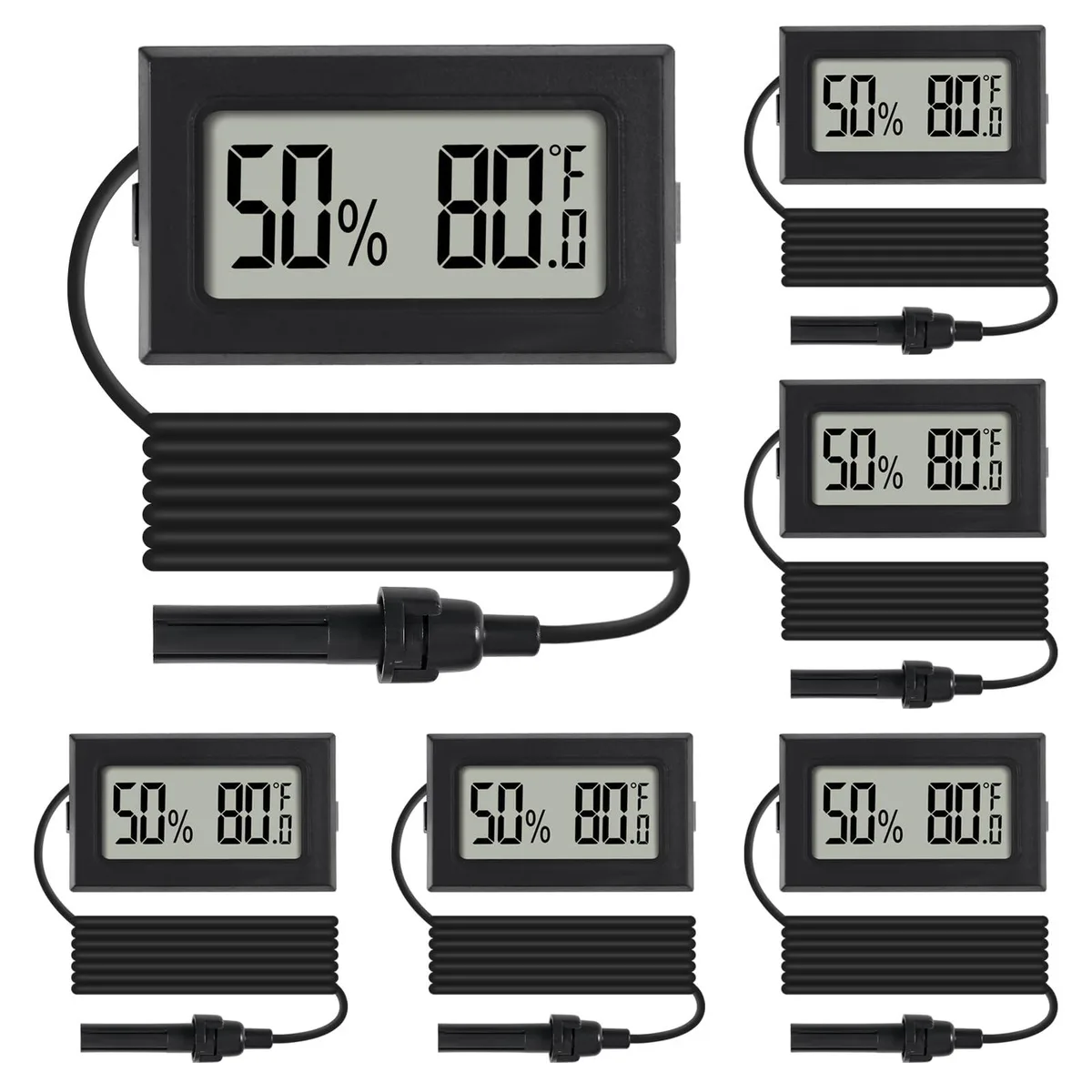Six small black digital thermometer hygrometers with probes and LCD screens
