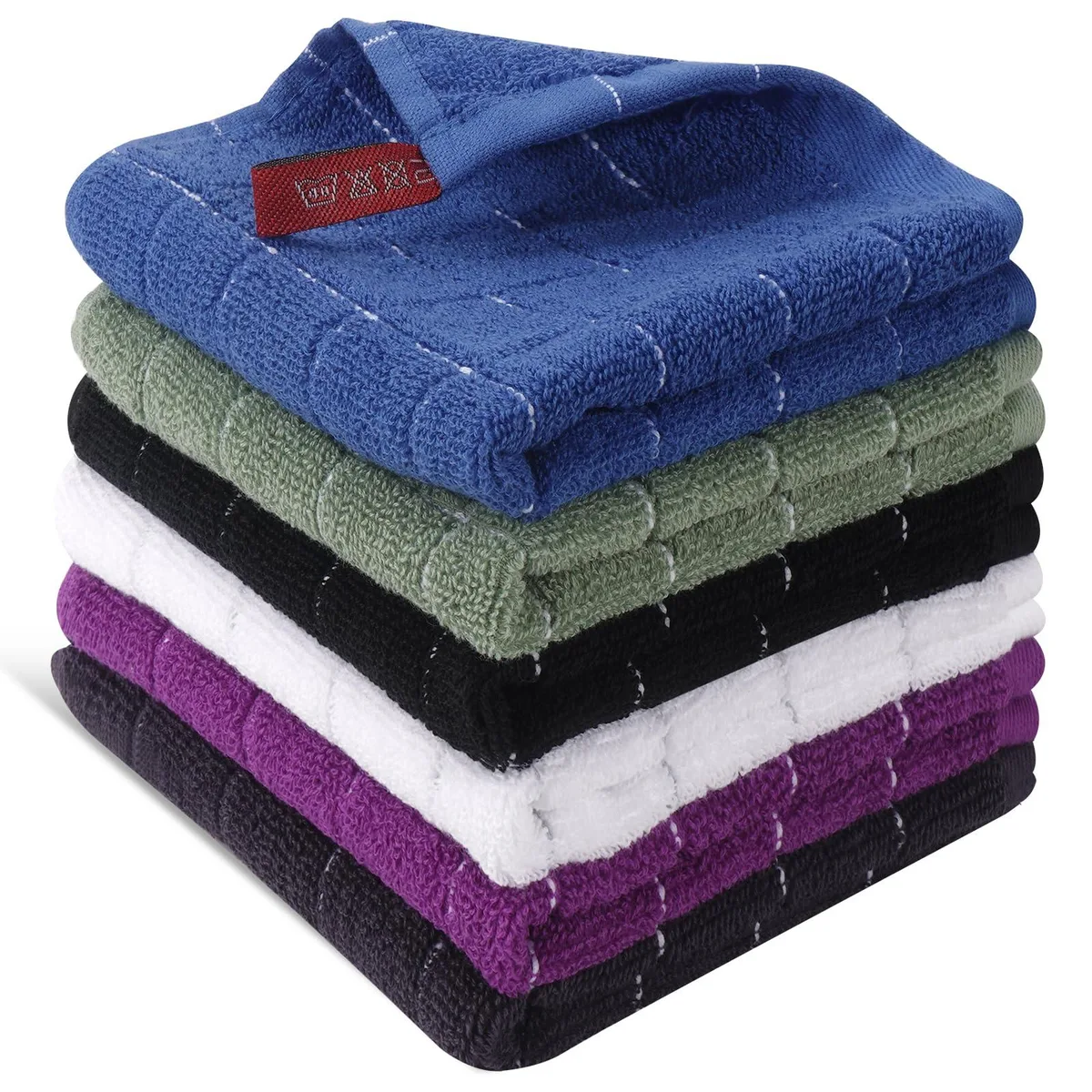 Six square cotton wash cloths in assorted colours, folded flat