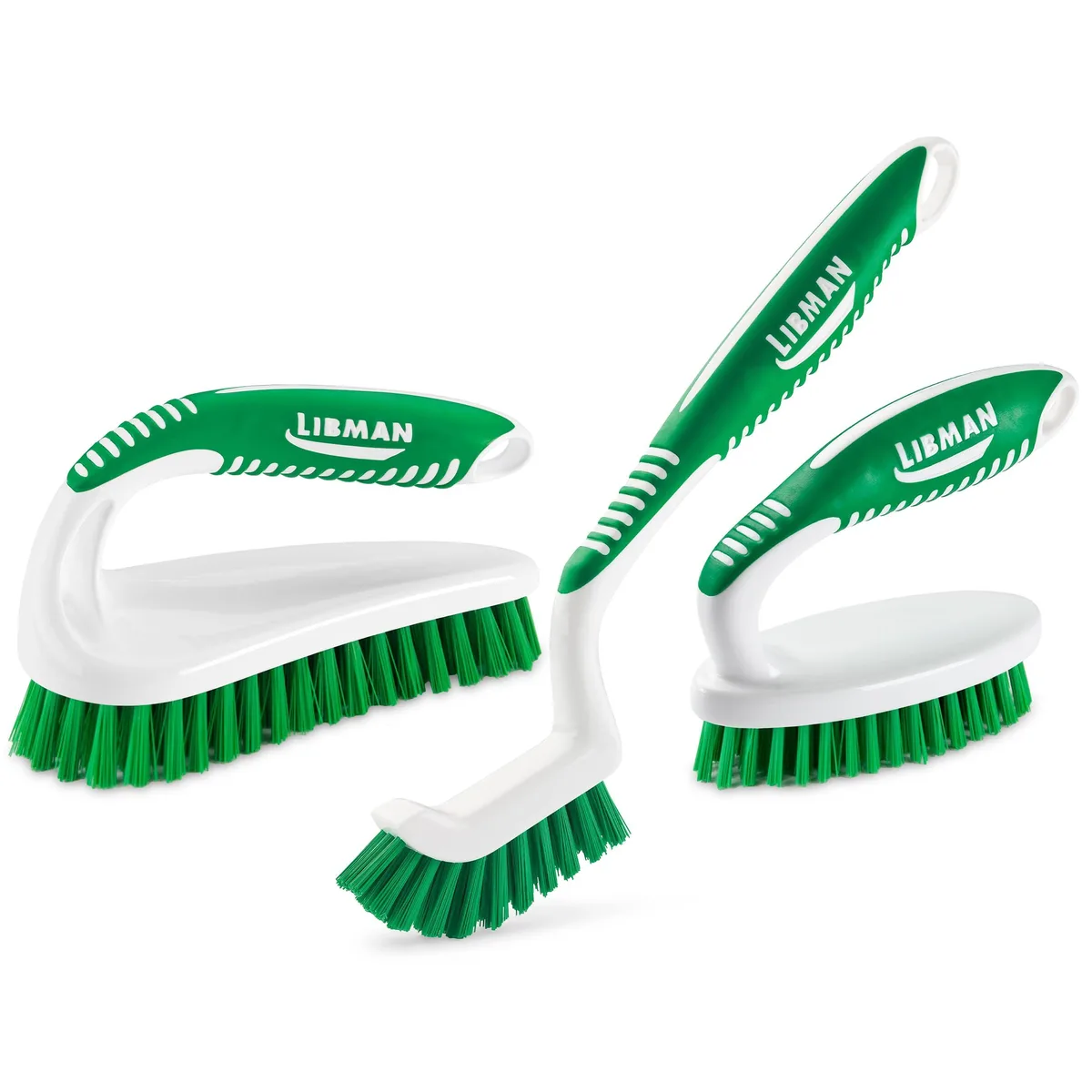 Three scrub brushes with coloured handles and hanging holes