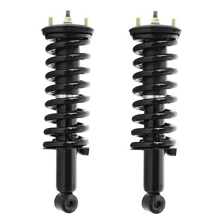 Two silver front strut assemblies with coiled springs and top mounts, sold as a pair