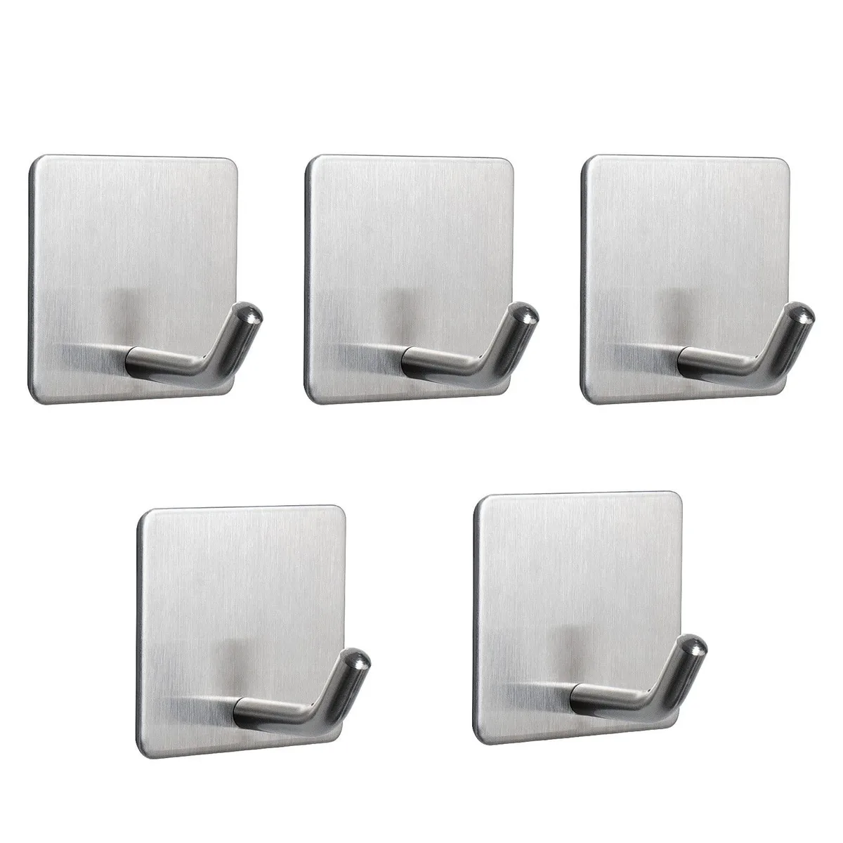 Five brushed nickel stainless steel adhesive wall hooks with curved ends