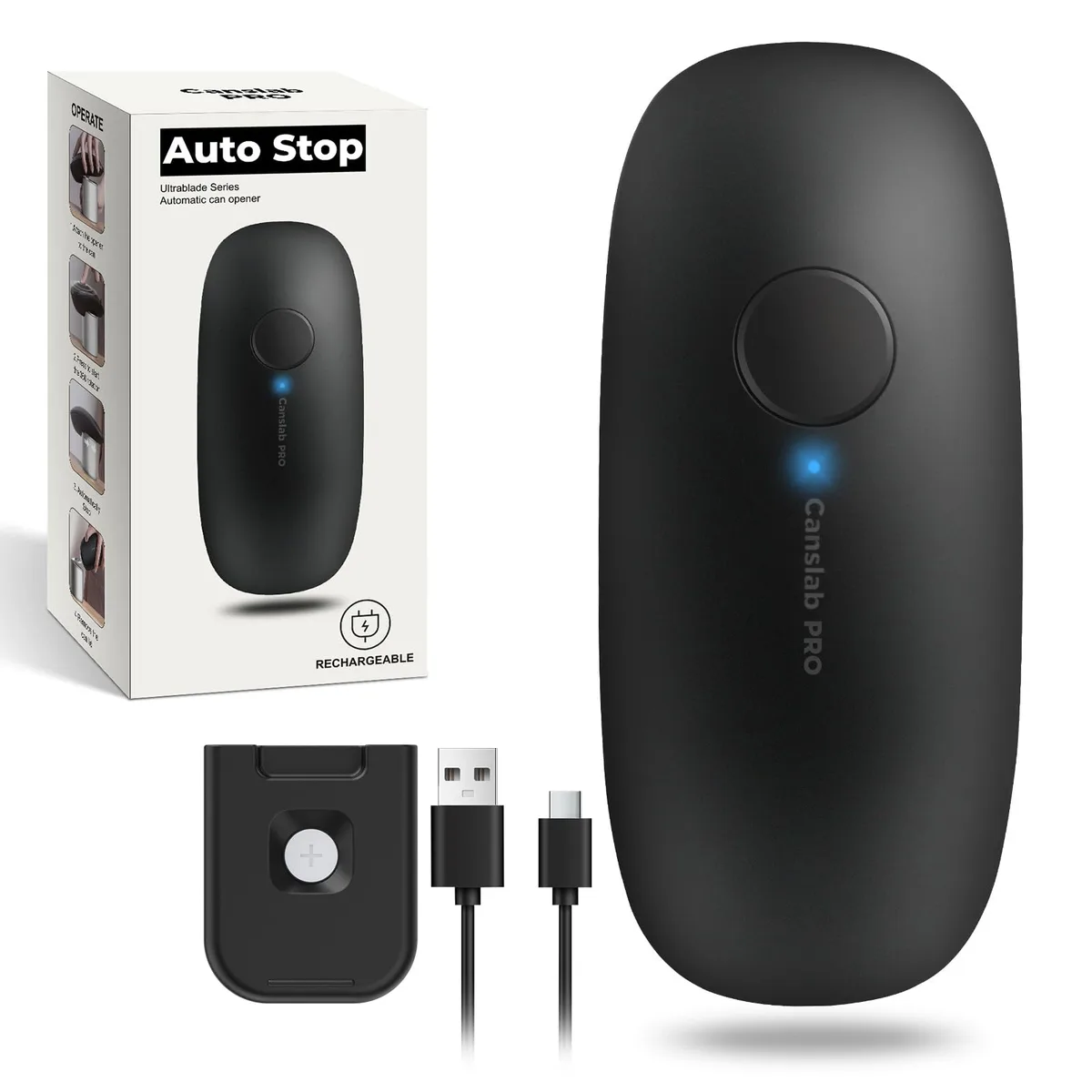 Compact black electric can opener with stainless steel cutting head and USB charging port