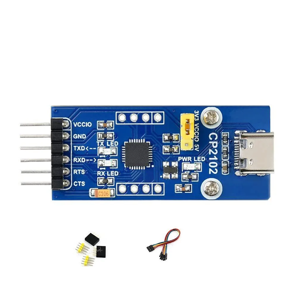Small green circuit board with USB-C port, pin headers and three LEDs
