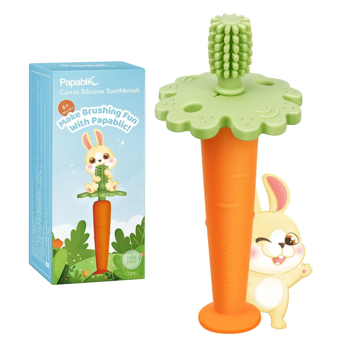 Orange carrot-shaped silicone toothbrush teether with suction base, 360° bristles