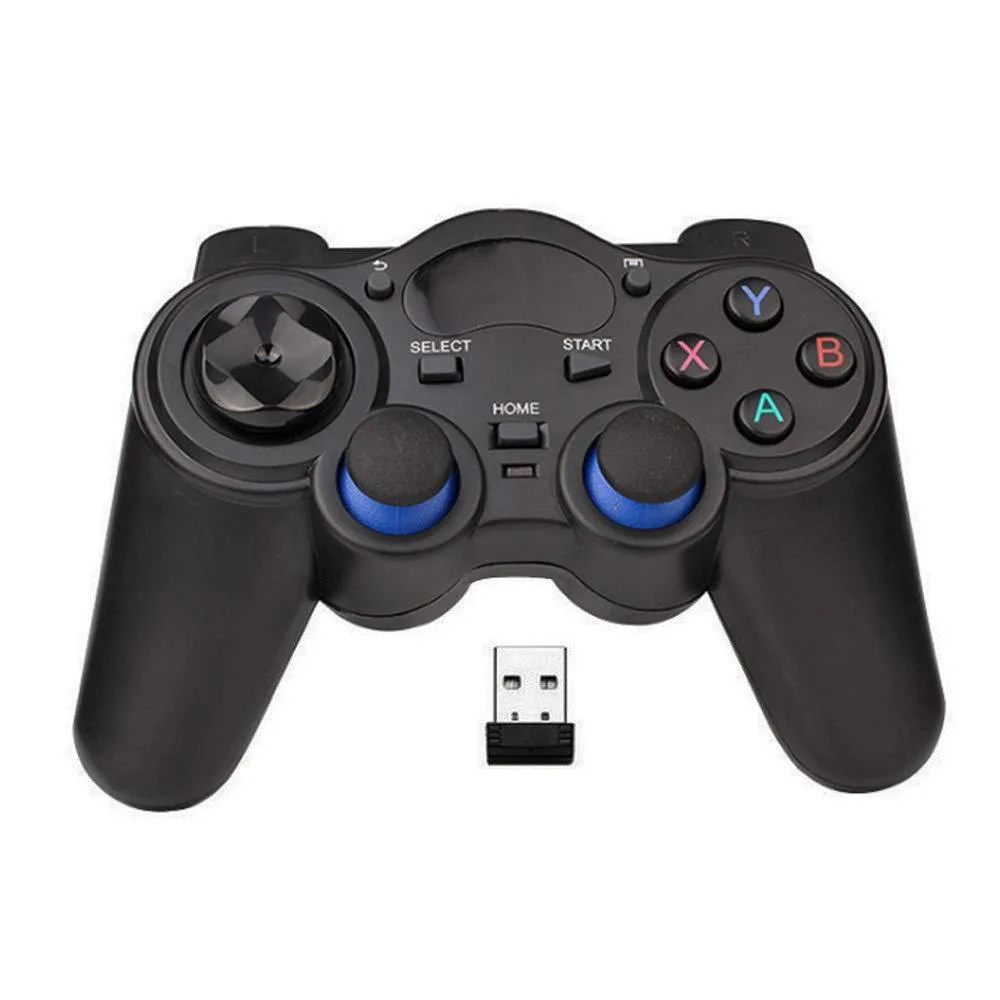 Black wireless gamepad with USB receiver, ergonomic shape, matte finish