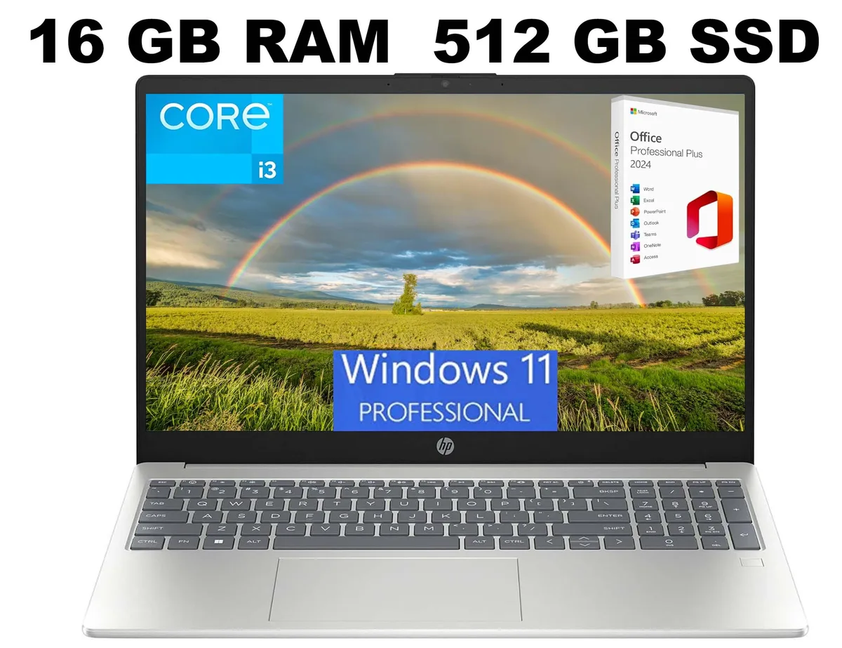 HP HP 15 laptop i3-N305 8-core 16GB 512GB SSD Wi-Fi 6 Bluetooth 5.3 fingerprint Windows 11 Pro Silver — product photo
