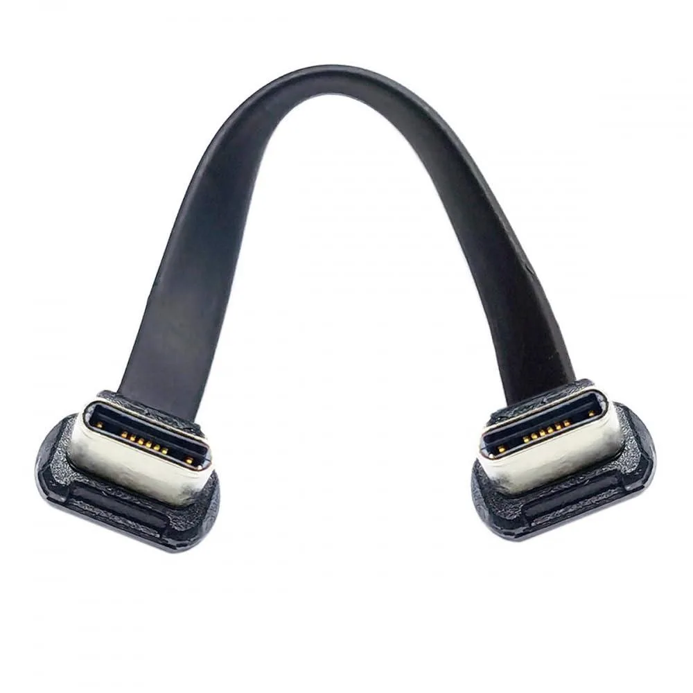 Black ultra-slim flat USB-C to USB-C angled cable 70 mm