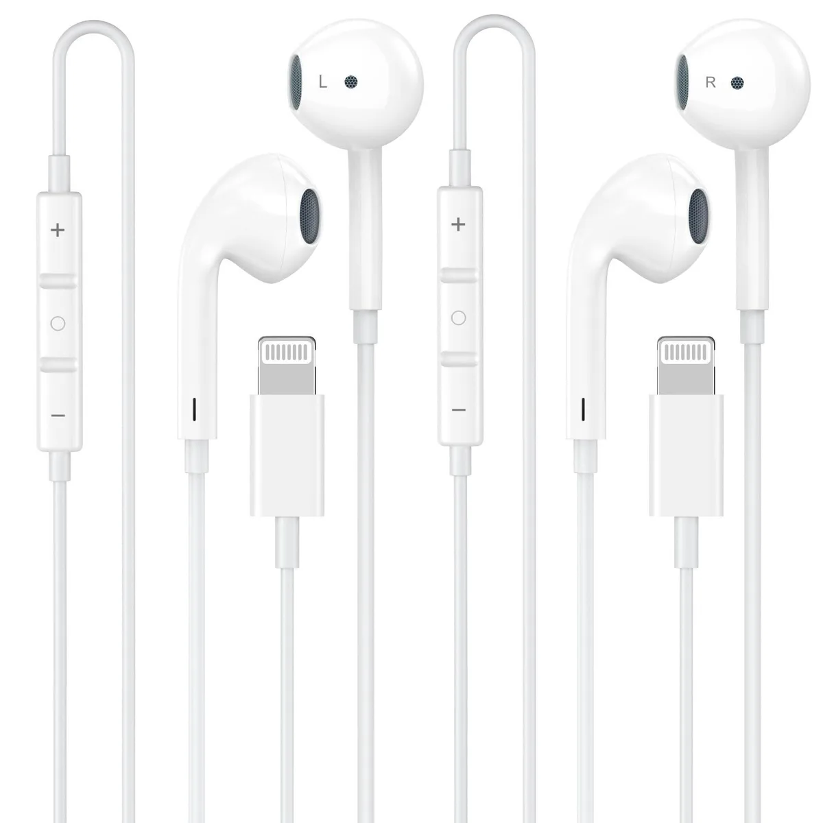 Two white wired earbuds with Lightning connectors and inline remote control