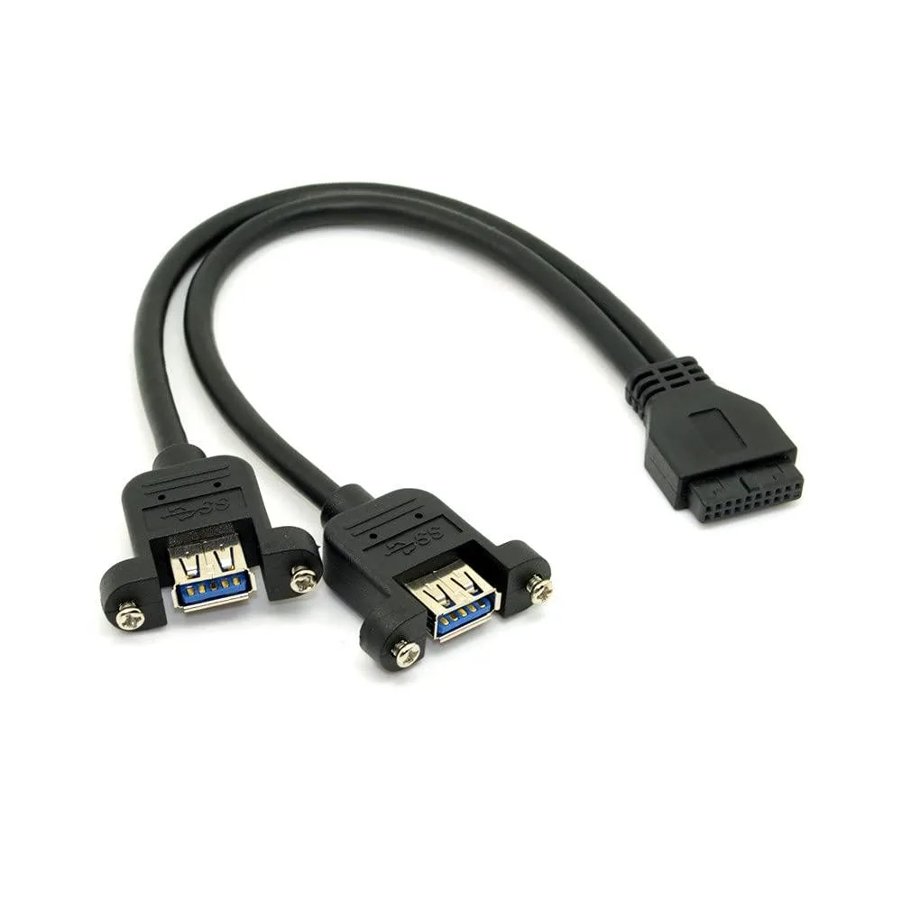 Black USB 3.0 cable with two screw-mount female ports and a 20-pin motherboard header, 25 cm long