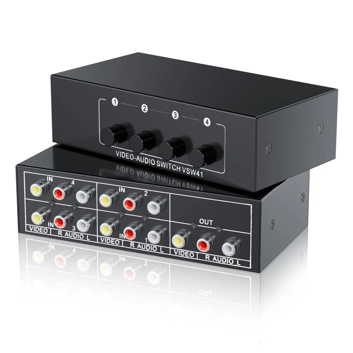 Black metal box with four RCA inputs and one output, push button on top