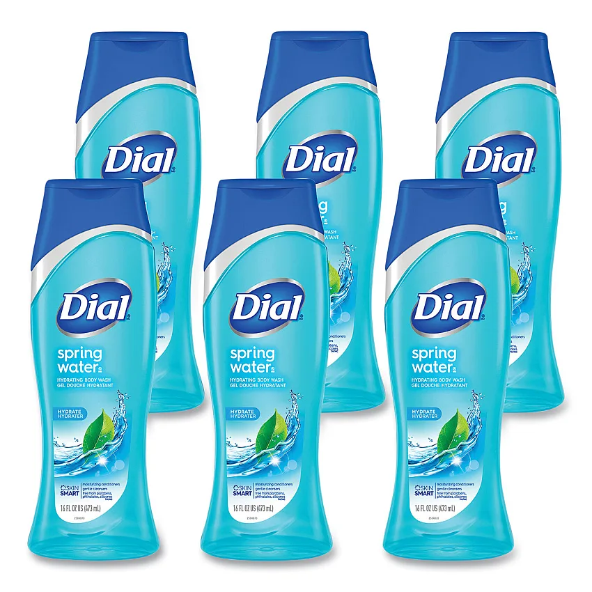 Blue 16 oz flip-top body wash bottles in a six-pack carton