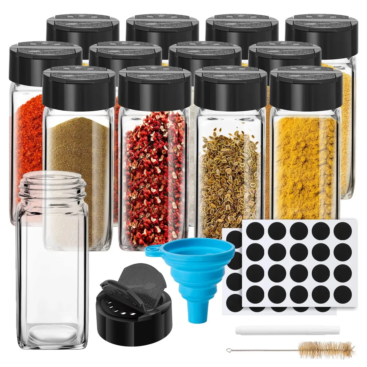 Twelve square glass spice jars with black flip-top shaker lids, blank labels, funnel, brush and pen