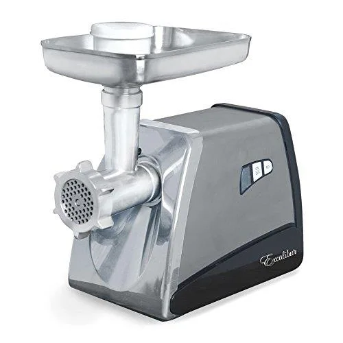 Silver electric meat grinder with reversible motor