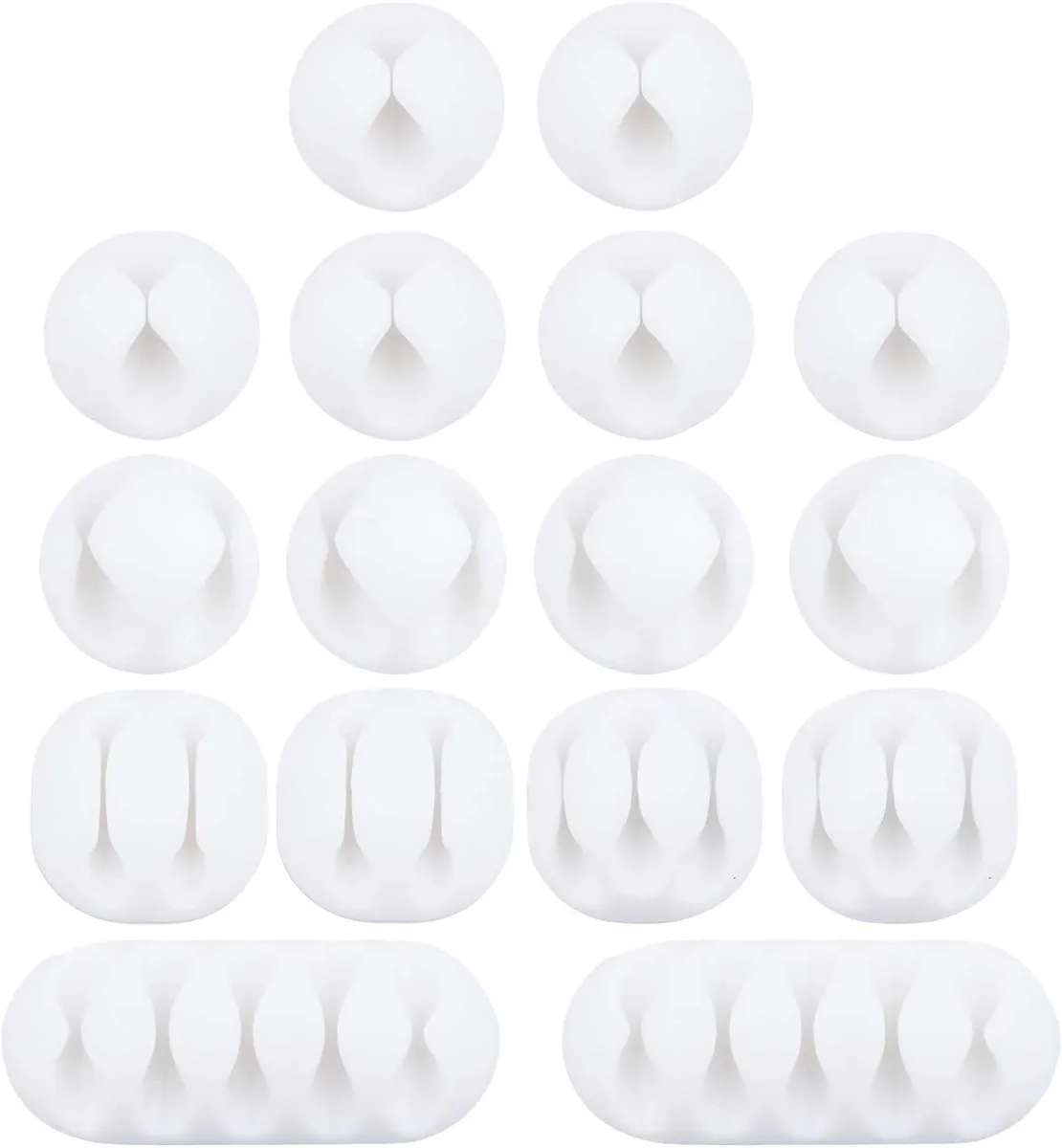 Sixteen white adhesive cable clips in assorted sizes on backing sheet
