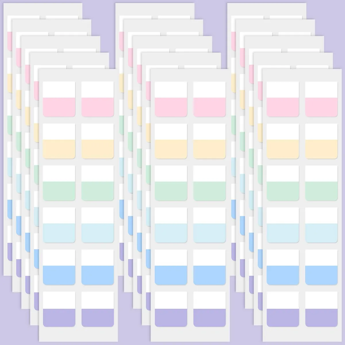 A clear plastic sheet holding rows of small square pastel sticky tabs, 240 count, each 1 by 1 inch