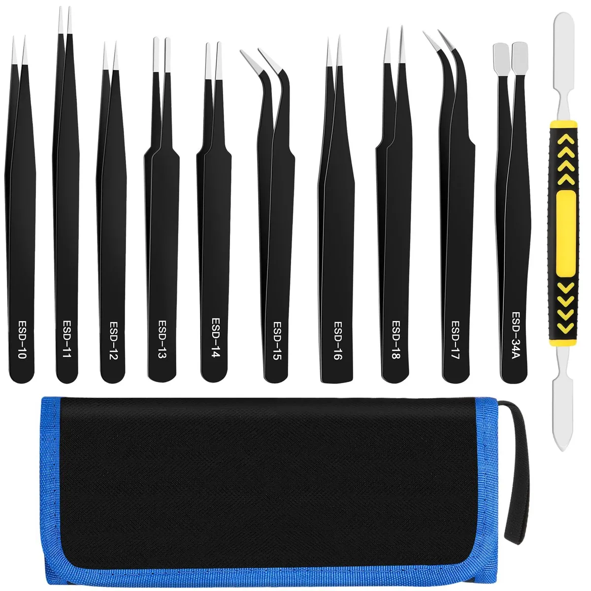 Eleven matte-black stainless-steel tweezers in assorted tip shapes inside a storage bag