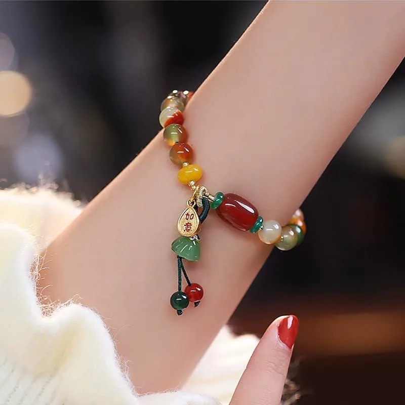  Multicolored Jade Bead Stretch Bracelet 14K Gold — product photo