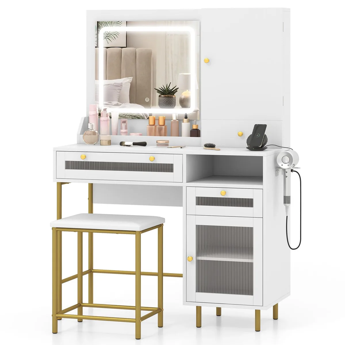 White vanity desk with lighted mirror, stool, and gold accents