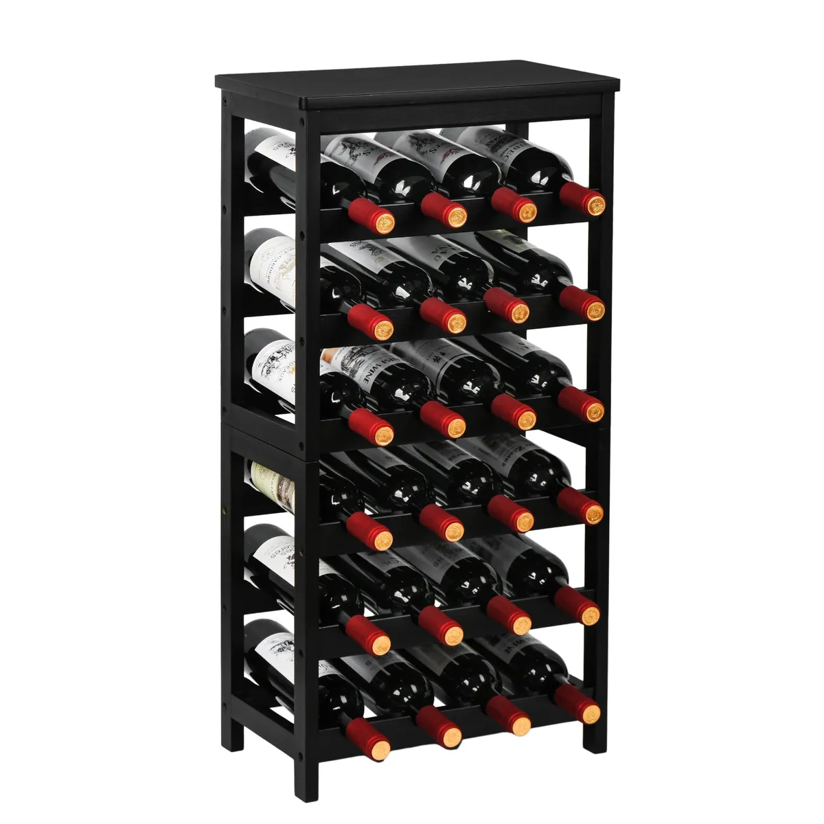 Black bamboo wine rack with stainless steel top, six-tier freestanding floor unit holding twenty-four bottles
