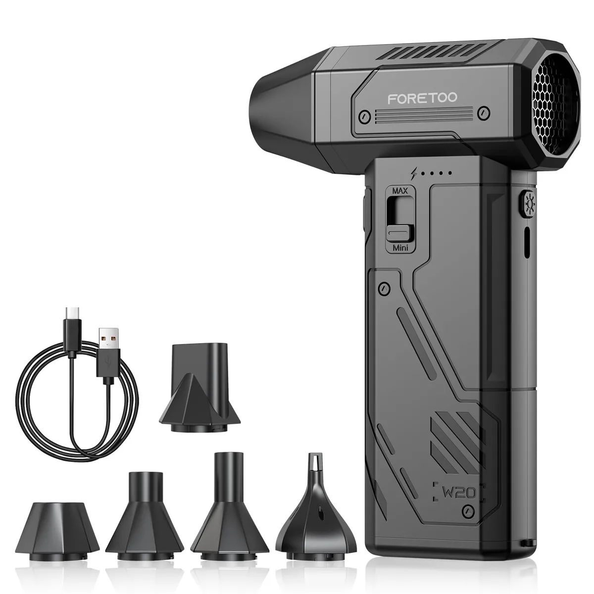 Black cordless air duster with adjustable speed trigger and Type-C charging port
