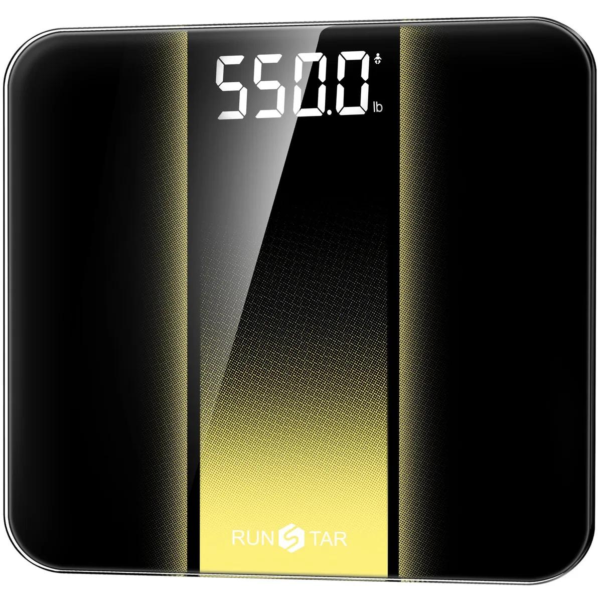 Black rectangular bathroom scale with a wide 14-inch tempered glass platform and large LED display