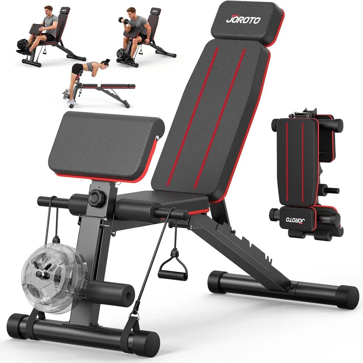 Black adjustable weight bench with preacher curl pad and leg extension post, folded flat on rubber feet
