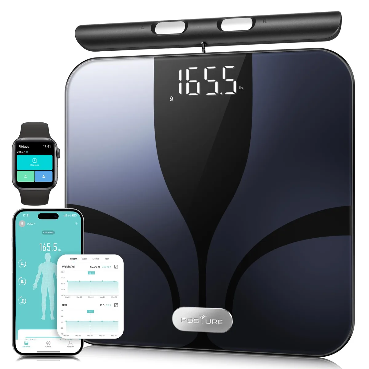 Black rectangular bath scale with rounded corners, LED display, eight metal electrodes on platform and handheld unit, 14.33in wide