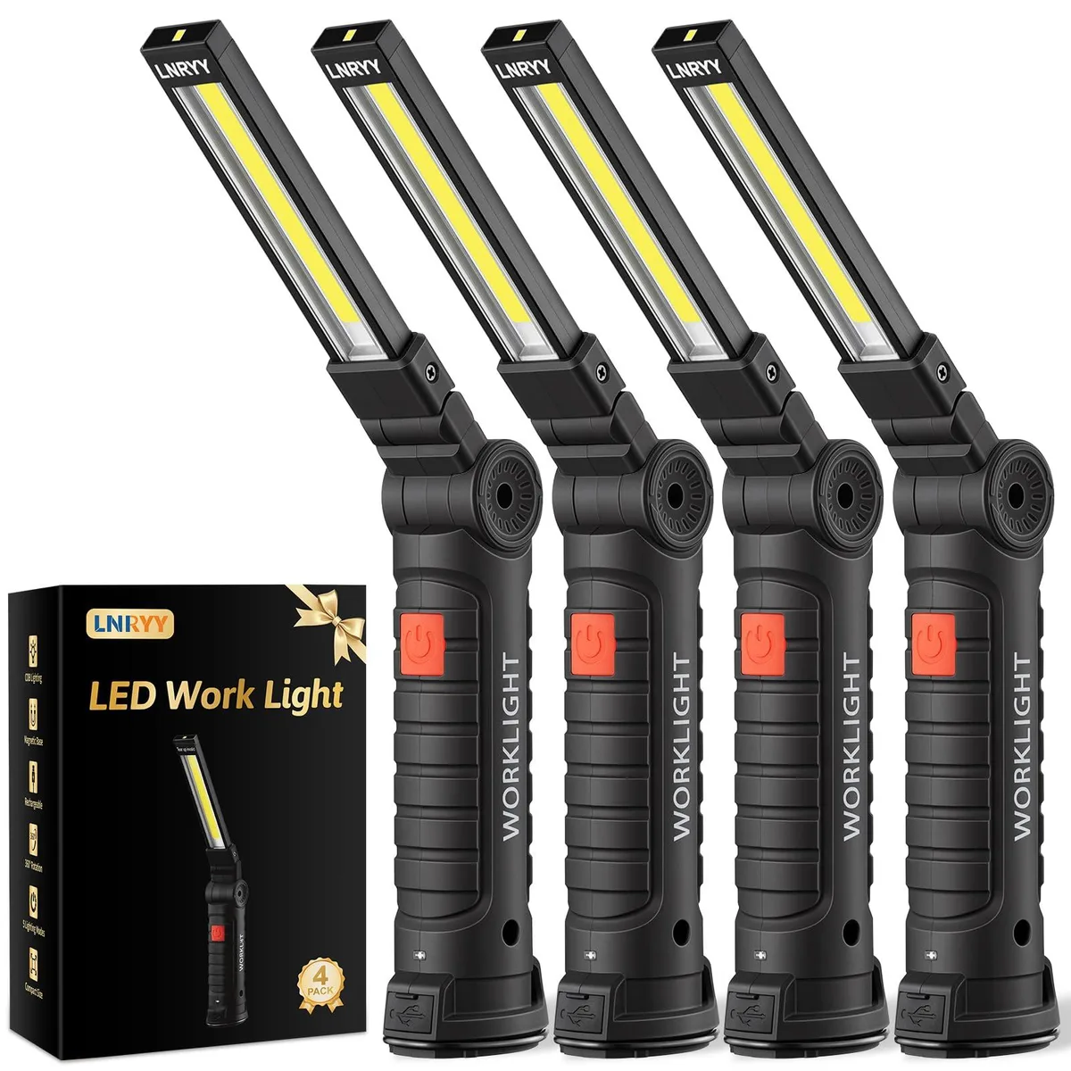 Four black rectangular magnetic LED work lights with foldable bodies and magnetic bases