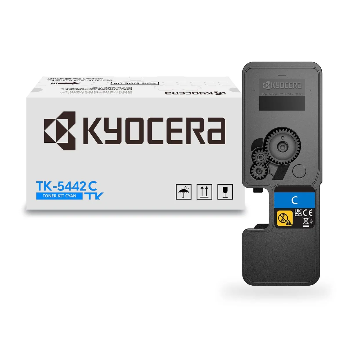 Cyan toner cartridge in rectangular white box with blue accents