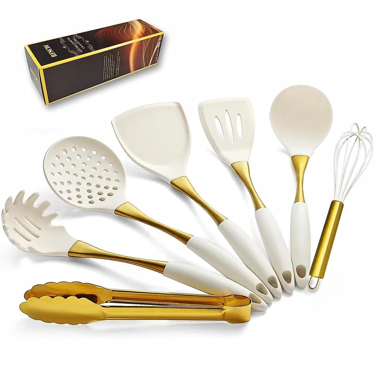 Seven-piece gold and white silicone utensil set with stainless steel handles