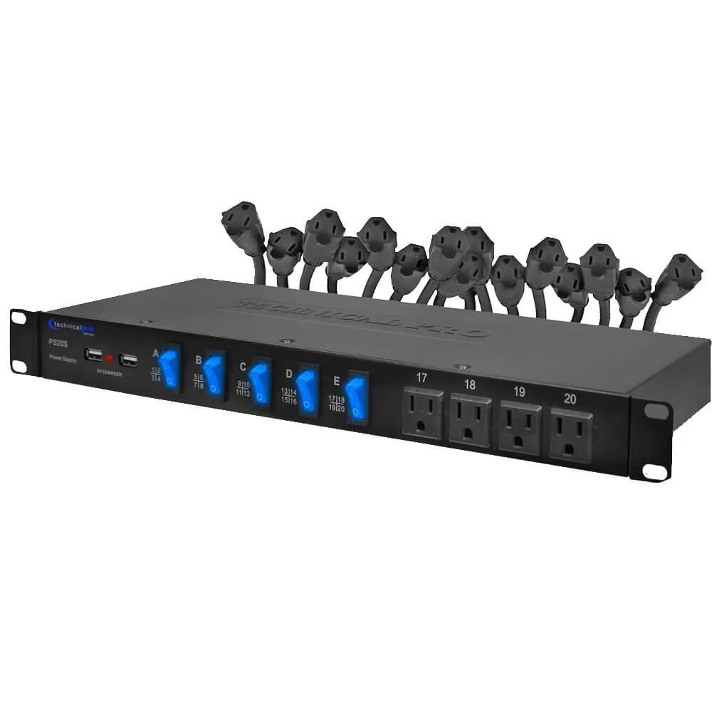 Technical Pro Technical Pro PS20S 20 Outlet 4 USB Rackmount Power Supply Surge Protector — product photo