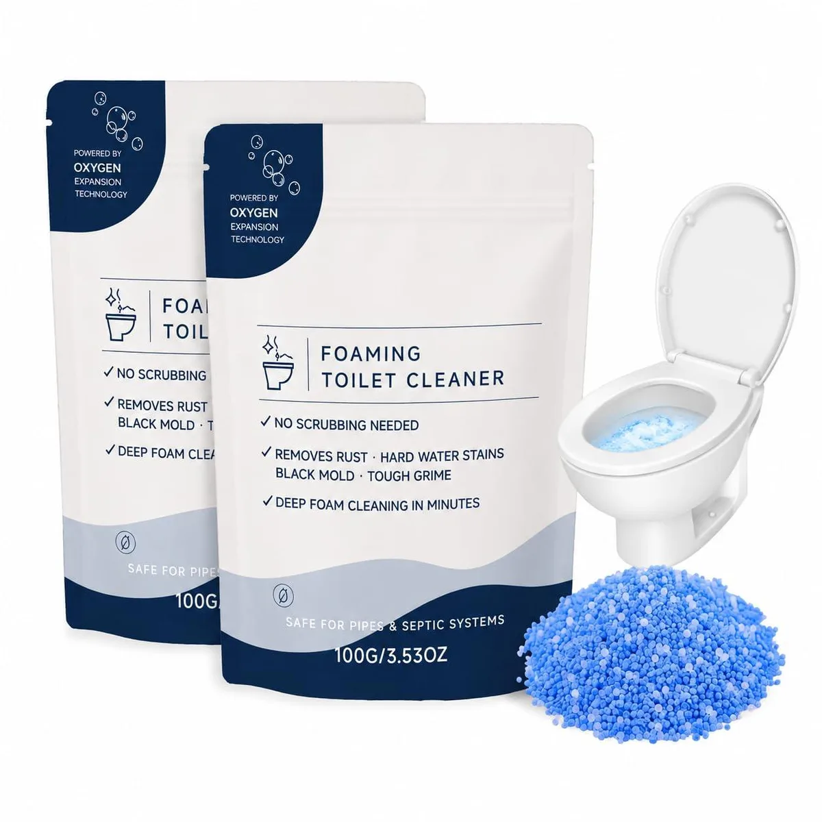 Two white powder sachets for foaming toilet cleaner