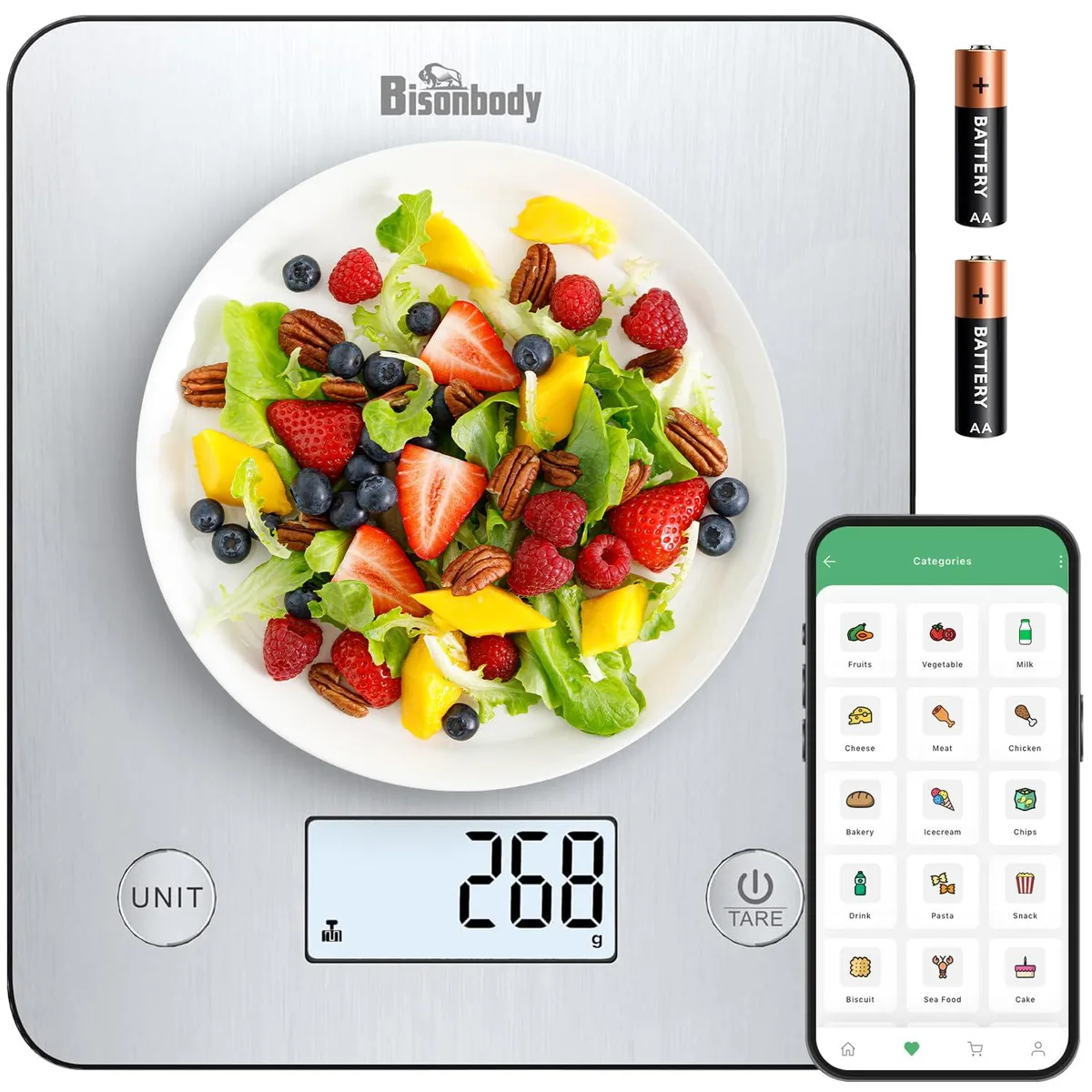 Rectangular stainless steel kitchen scale with LCD display and touch controls