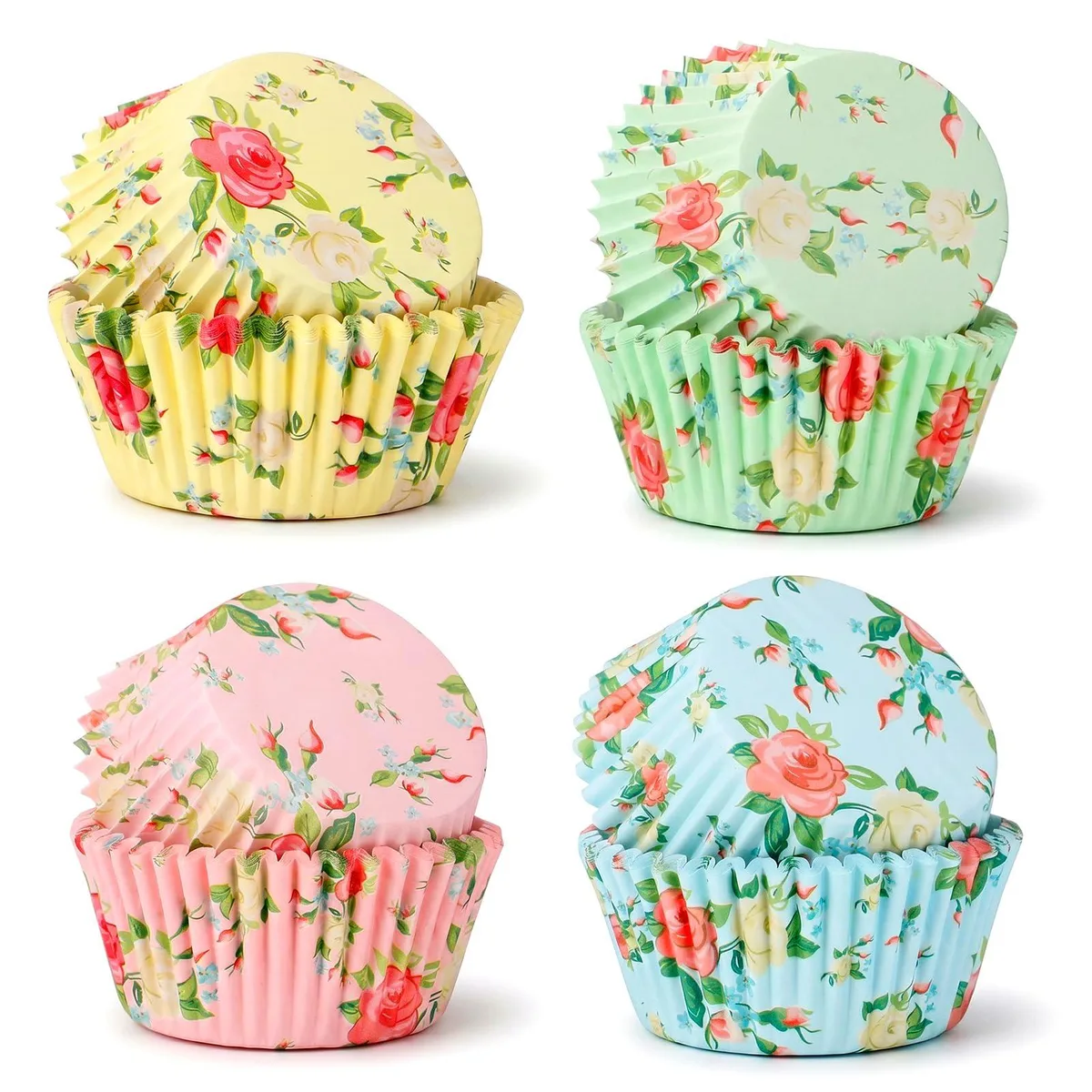 100 floral paper cupcake liners in four colours, 25 per colour, standard size P5127DIGT1378