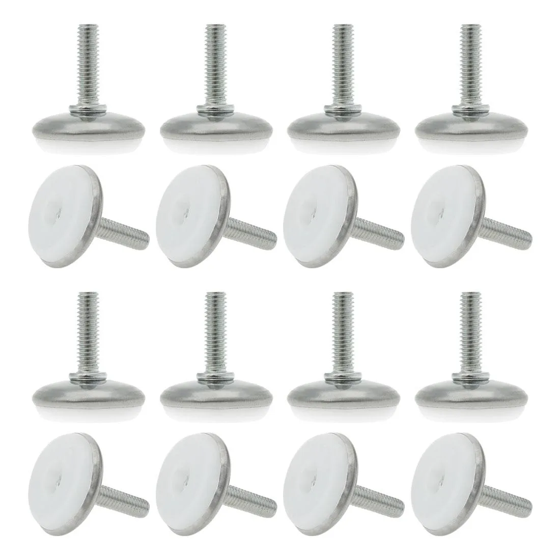 Sixteen M6 adjustable leveling feet with plastic bases, silver threaded stems and black foot pads