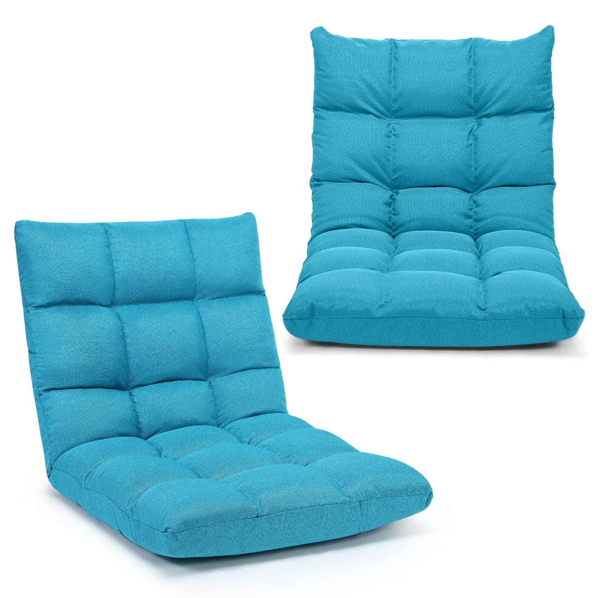 Light blue folding floor chair with adjustable backrest, steel frame, cotton-linen fabric, compact rectangular shape