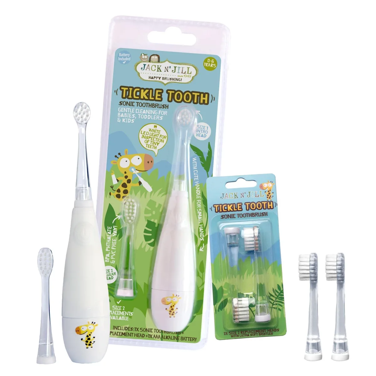 White sonic toothbrush with LED brush head, two replacement heads, battery included