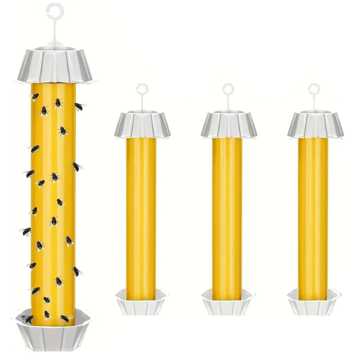 A yellow adhesive fly stick with a black hanging hook