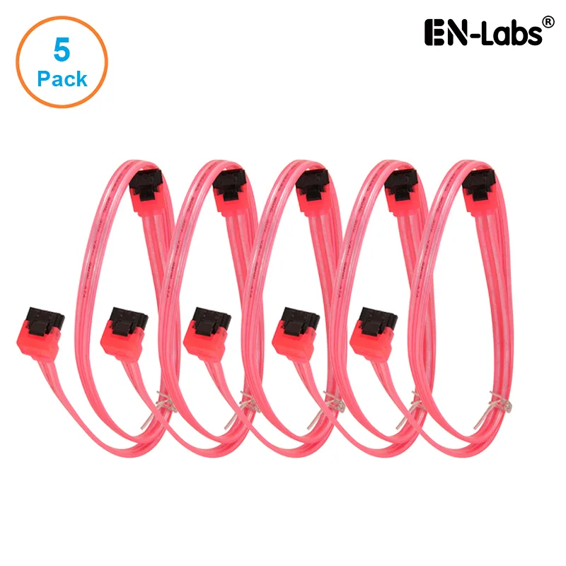 EN-Labs EN-Labs 5PKSATAIII60CMRD90 5 Pack SATA 3.0 6Gbps Straight to 90 Degree Cable UV Red 24 inch — product photo