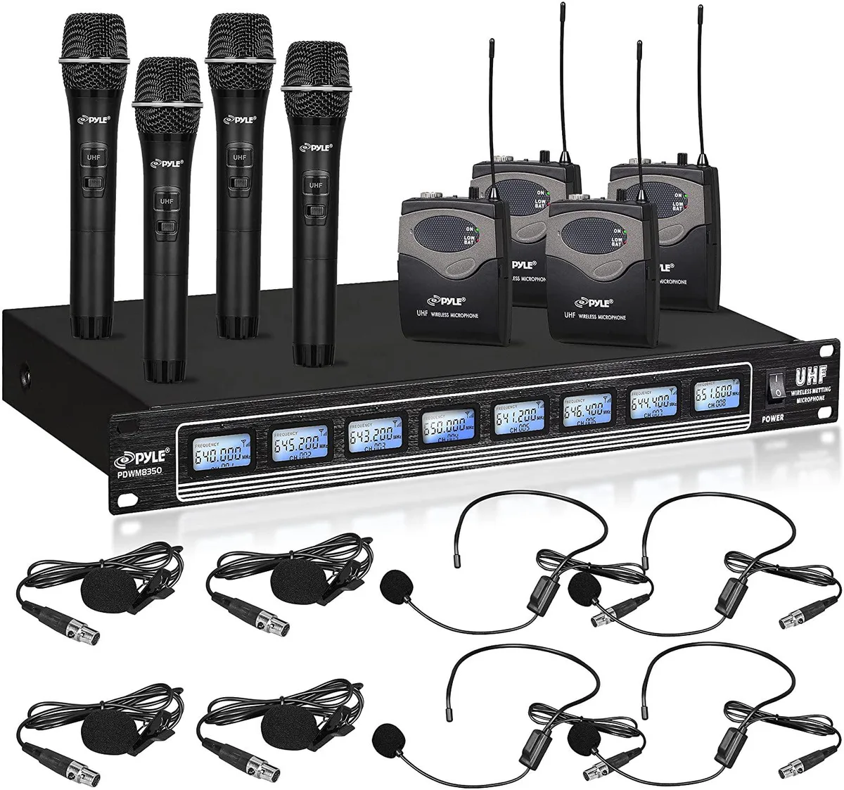 Pyle Pyle 8 Channel UHF Wireless Microphone System with 4 Handheld, 4 Headset, 4 Belt Pack, 4 Lavalier Mics — product photo
