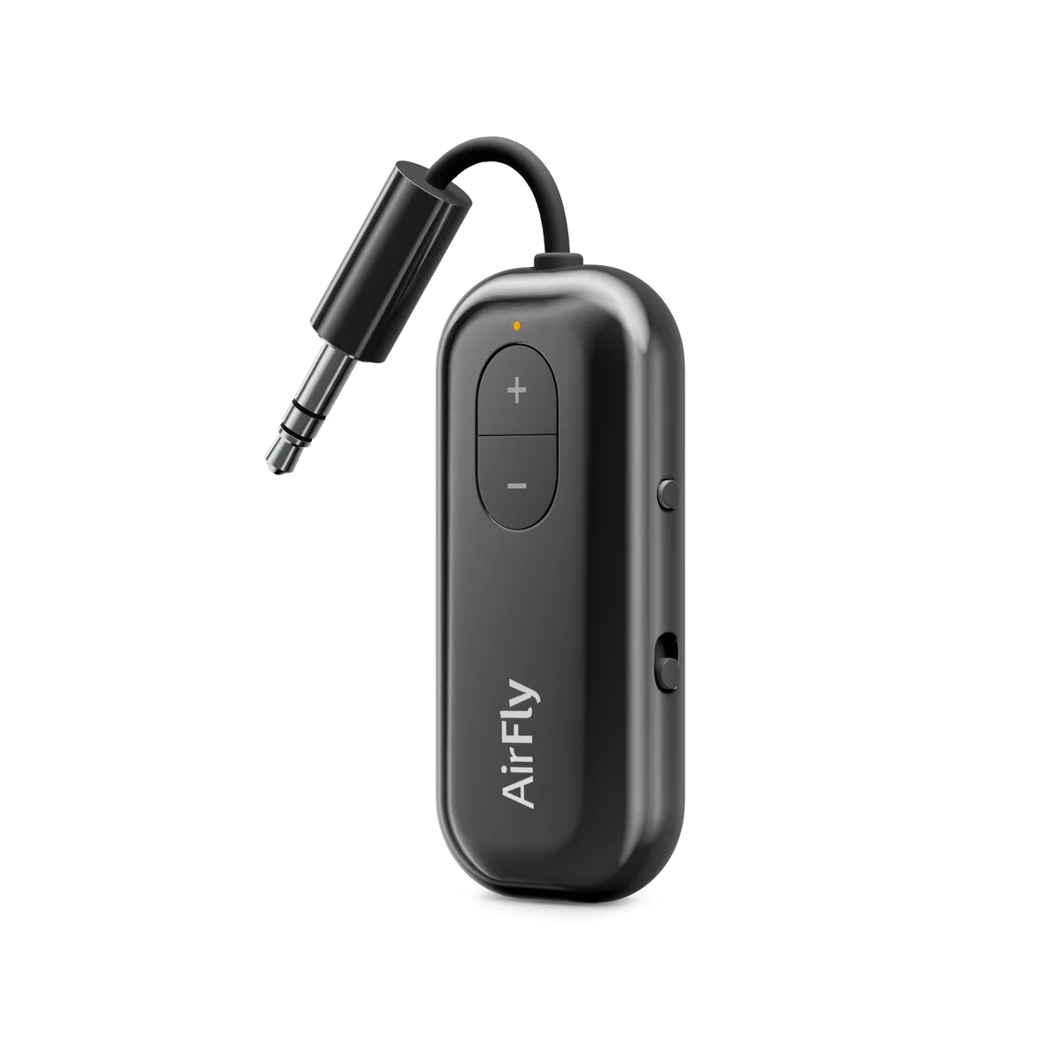Small black rectangular Bluetooth transmitter with 3.5 mm jack and USB-C port
