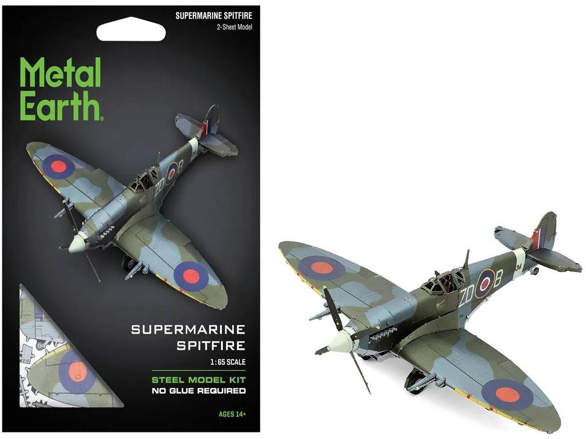 Unassembled steel sheets for a detailed Spitfire fighter model kit