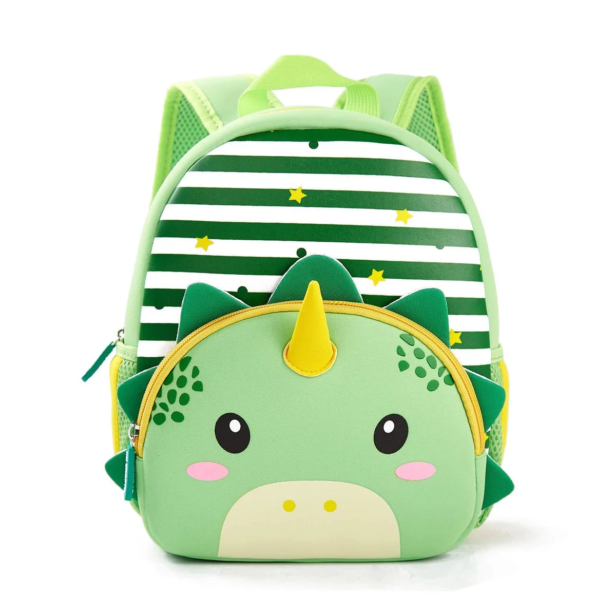 Olive green neoprene toddler daypack with dinosaur pattern, 14 inches, soft shell, adjustable shoulder straps, top handle