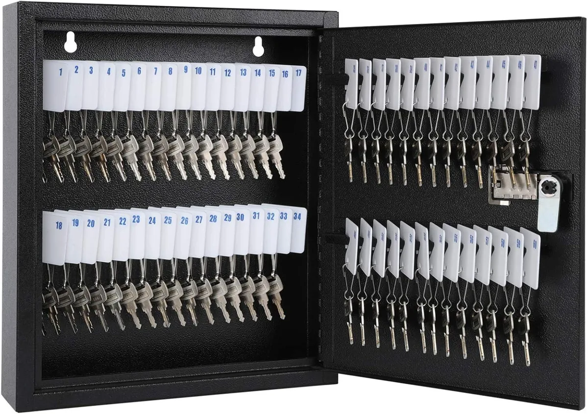 Black steel wall-mounted key cabinet holding sixty keys with three-digit combination lock
