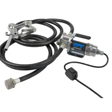 Silver cylindrical 12V fuel pump with 8ft hose and 12ft cord