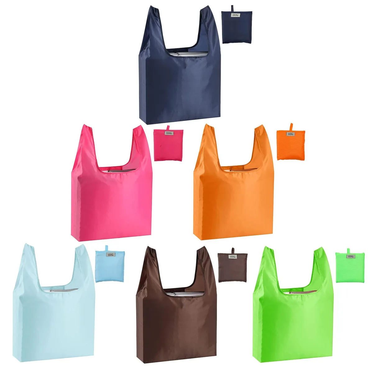 Six folded polyester grocery bags in assorted colours with attached pouches