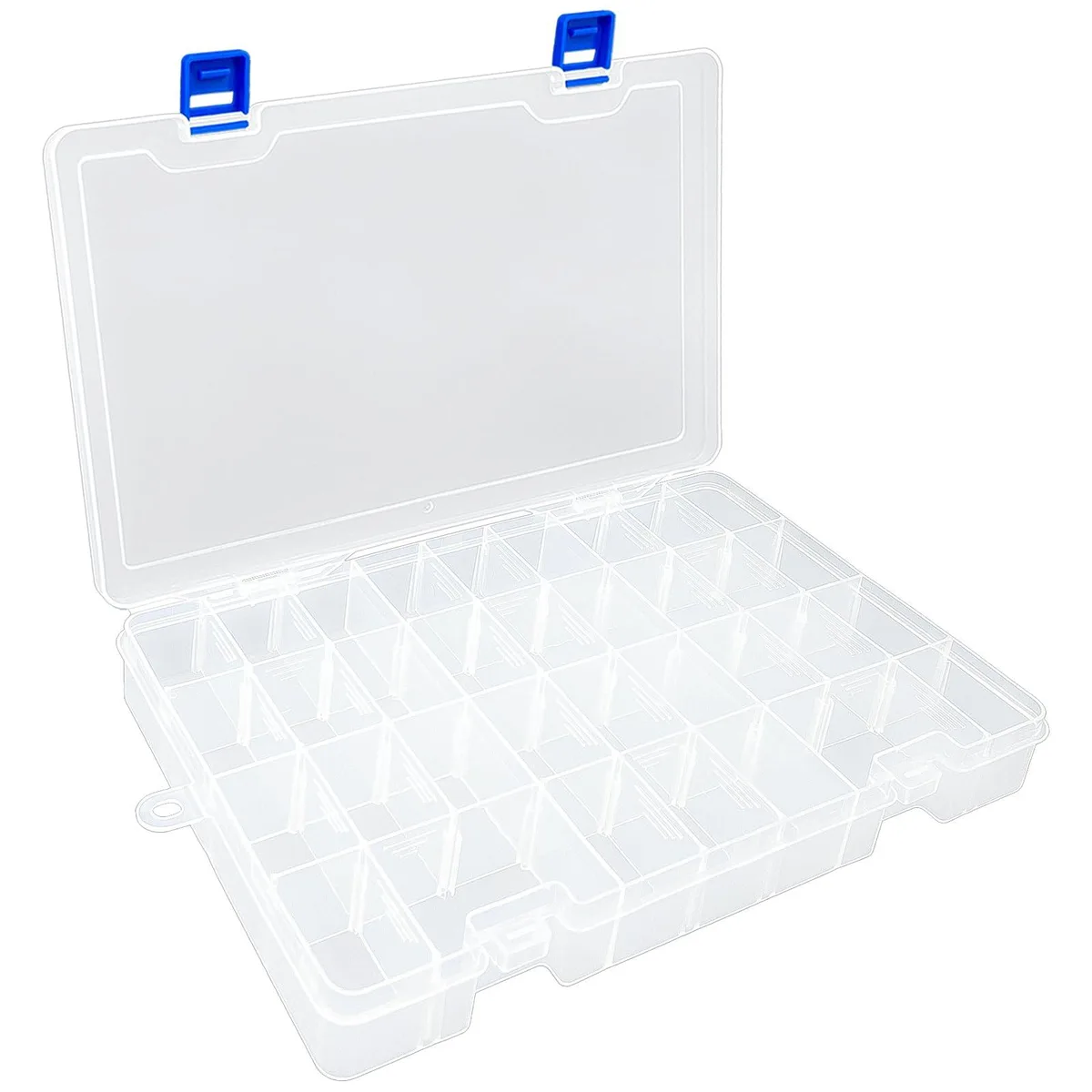 White plastic organizer box with 34 removable grid compartments, 28 by 18 by 4 cm