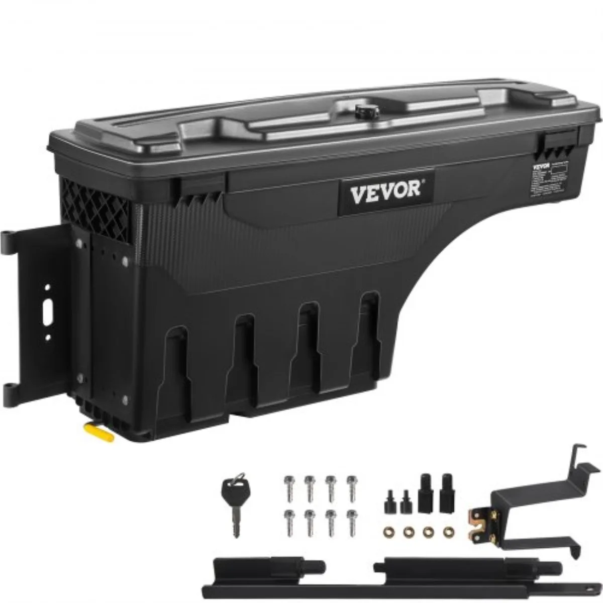 Black ABS wheel-well toolbox with lockable lid, pivoting 180 degrees, driver-side fit